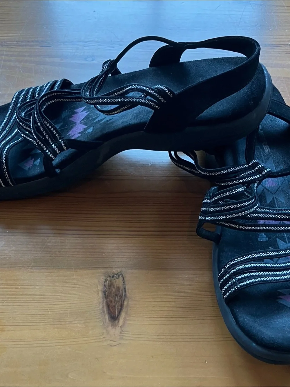 Skechers Black Strappy Memory Foam Sandals with Subtle Purple Accent